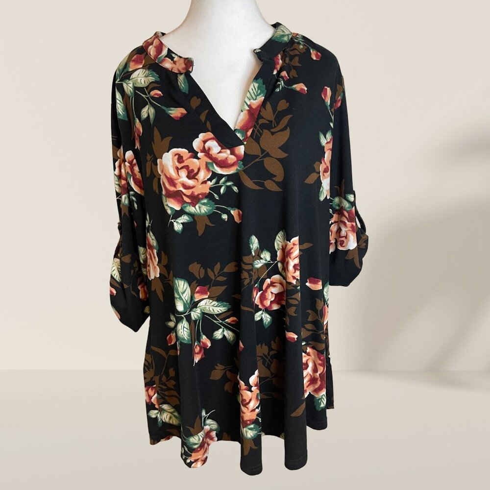 a.jesdani Women’s Floral Tunic Dress | Black Rose Print | 3X Plus Size